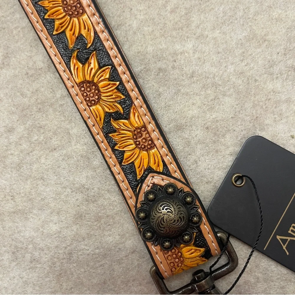 American Darling ADWSF102 Sunflower Tooled Genuine Leather Keychain Wristlet New